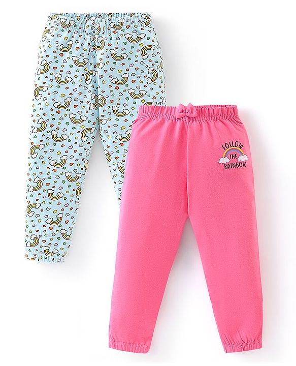 Babyhug Cotton Knit Full Length Lounge Pants Rainbow Print Pack of 2 - Pink & Sky Blue