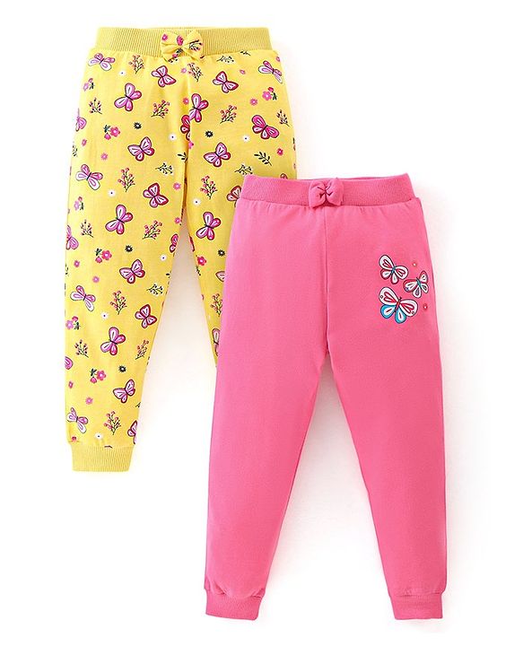 Babyhug Cotton Knit Lounge Pants Butterfly Print Pack of 2 - Pink & Yellow