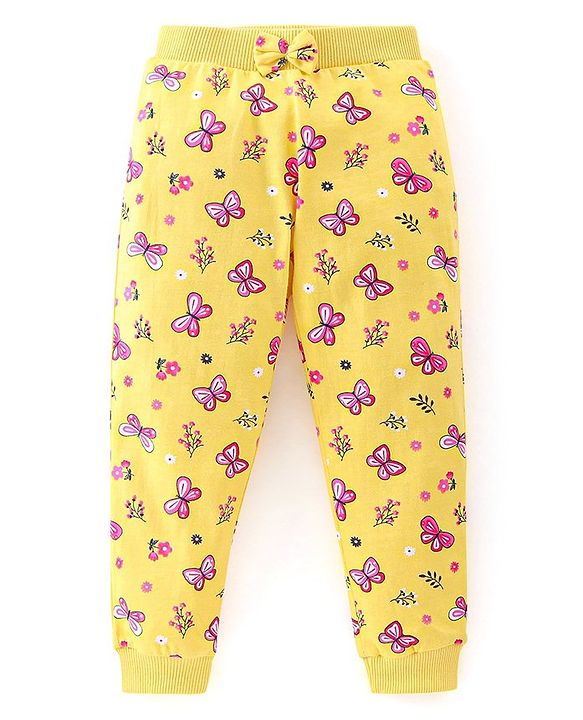 Babyhug Cotton Knit Lounge Pants Butterfly Print Pack of 2 - Pink & Yellow