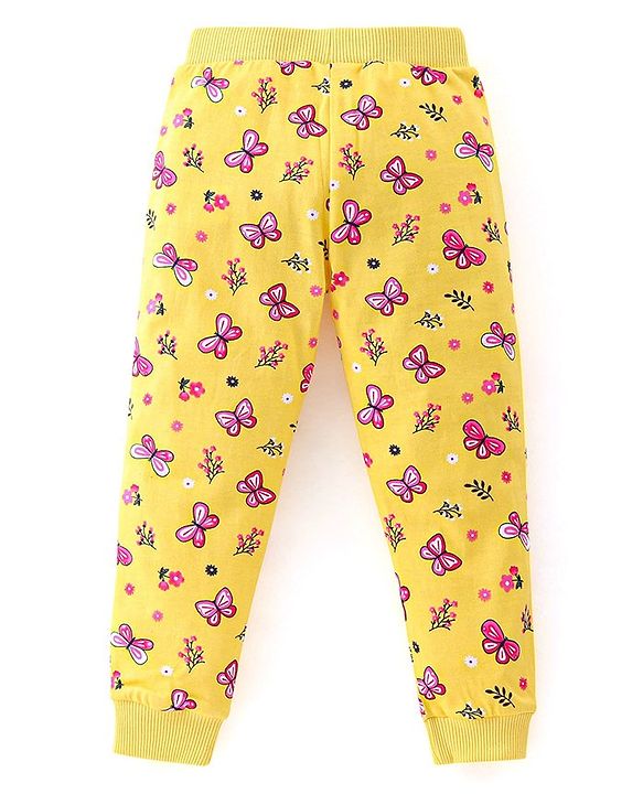 Babyhug Cotton Knit Lounge Pants Butterfly Print Pack of 2 - Pink & Yellow