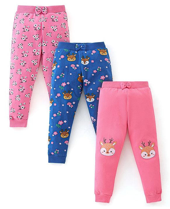 Babyhug Cotton Knit Lounge Pants Floral Print Pack of 3 - Pink & Blue