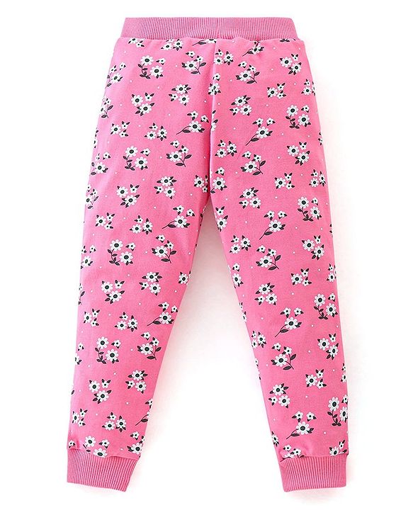 Babyhug Cotton Knit Lounge Pants Floral Print Pack of 3 - Pink & Blue