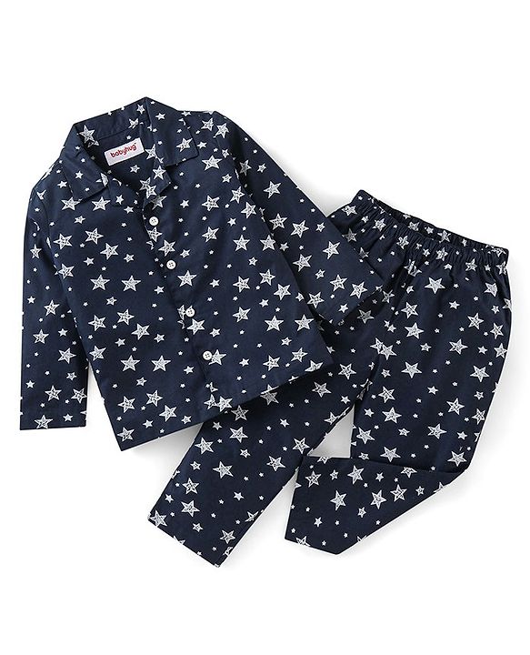 Babyhug Cotton Knit Full Sleeves Night Suit With Star Print - Navy Blue