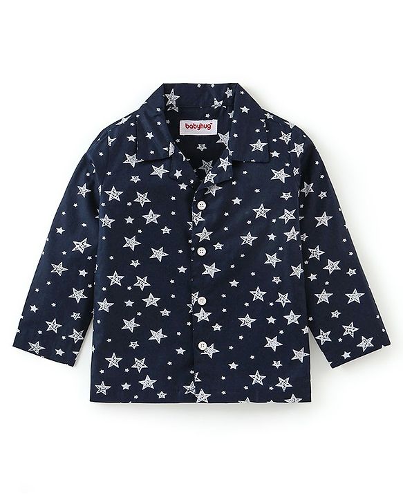 Babyhug Cotton Knit Full Sleeves Night Suit With Star Print - Navy Blue