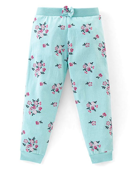 Babyhug Cotton Knit Full Length Lounge Pant Floral & Heart Print Pack of 3 - Pink & Blue