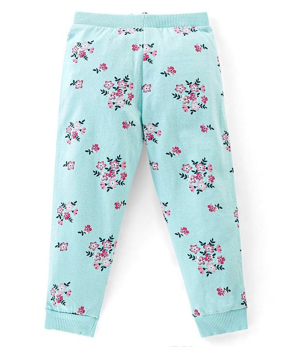 Babyhug Cotton Knit Full Length Lounge Pant Floral & Heart Print Pack of 3 - Pink & Blue