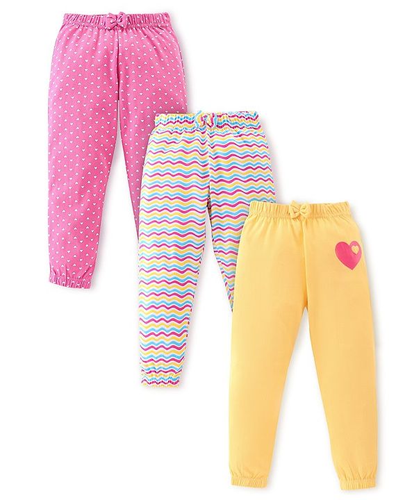Babyhug Cotton Knit Track Pants Striped & Printed Pack of 3 - Pink & Yellow