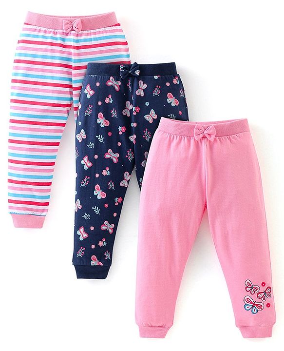 Babyhug Cotton Knit Full Length Lounge Pants with Bow Applique Stripes & Butterfly Print Pack of 3 - Pink & Navy
