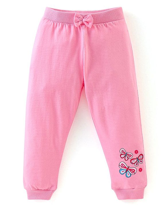 Babyhug Cotton Knit Full Length Lounge Pants with Bow Applique Stripes & Butterfly Print Pack of 3 - Pink & Navy