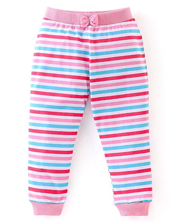 Babyhug Cotton Knit Full Length Lounge Pants with Bow Applique Stripes & Butterfly Print Pack of 3 - Pink & Navy