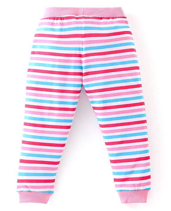 Babyhug Cotton Knit Full Length Lounge Pants with Bow Applique Stripes & Butterfly Print Pack of 3 - Pink & Navy