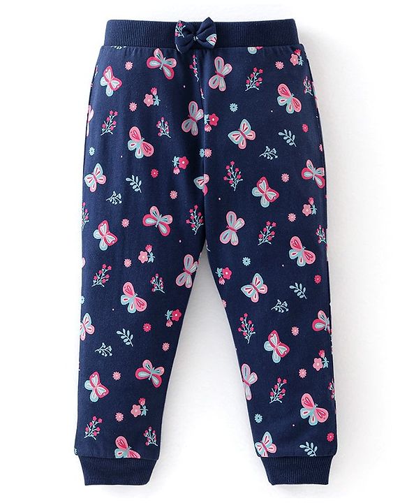 Babyhug Cotton Knit Full Length Lounge Pants with Bow Applique Stripes & Butterfly Print Pack of 3 - Pink & Navy