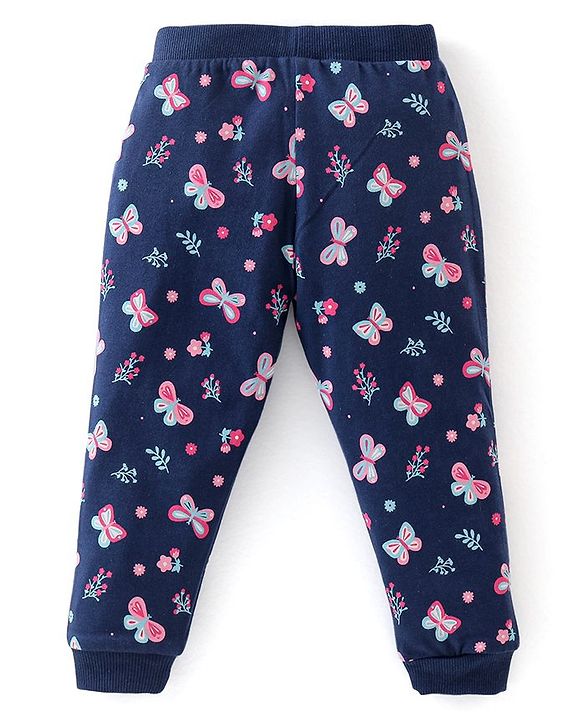 Babyhug Cotton Knit Full Length Lounge Pants with Bow Applique Stripes & Butterfly Print Pack of 3 - Pink & Navy