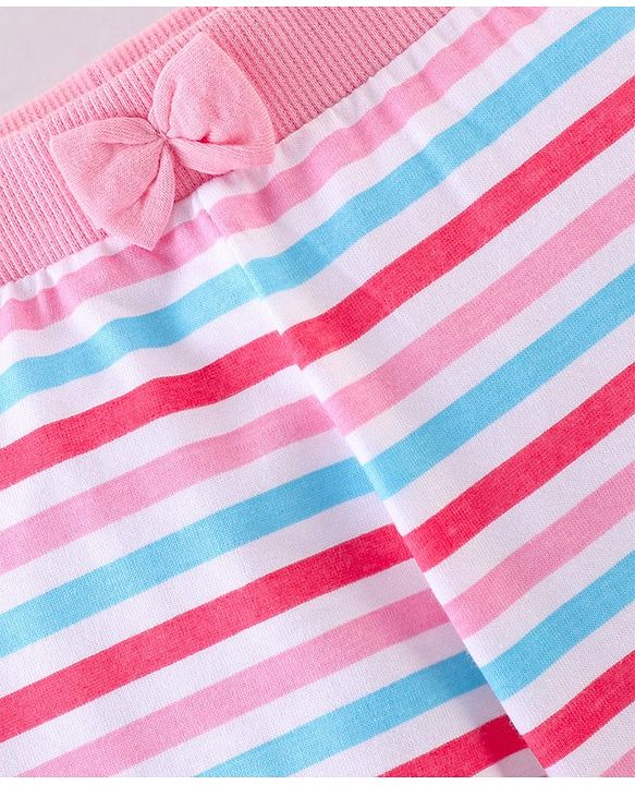 Babyhug Cotton Knit Full Length Lounge Pants with Bow Applique Stripes & Butterfly Print Pack of 3 - Pink & Navy