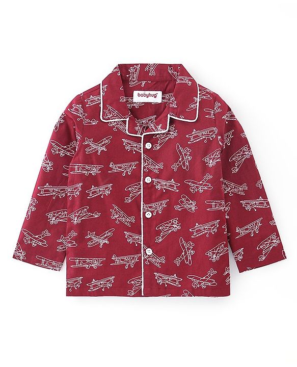 Babyhug Cotton Woven Full Sleeves Night Suit with Air Planes Print - Red