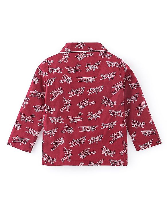 Babyhug Cotton Woven Full Sleeves Night Suit with Air Planes Print - Red