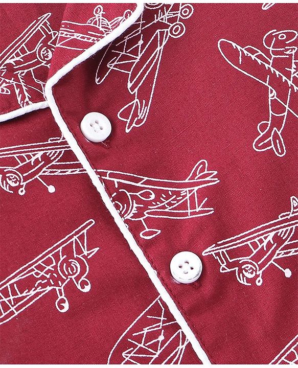 Babyhug Cotton Woven Full Sleeves Night Suit with Air Planes Print - Red