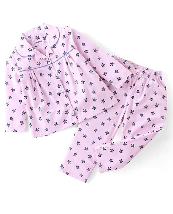 Babyhug Cotton Woven Full Sleeves Star Printed Night Suit - Pink