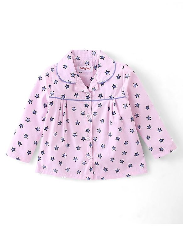 Babyhug Cotton Woven Full Sleeves Star Printed Night Suit - Pink