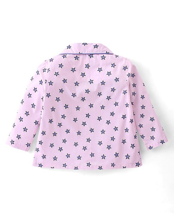 Babyhug Cotton Woven Full Sleeves Star Printed Night Suit - Pink