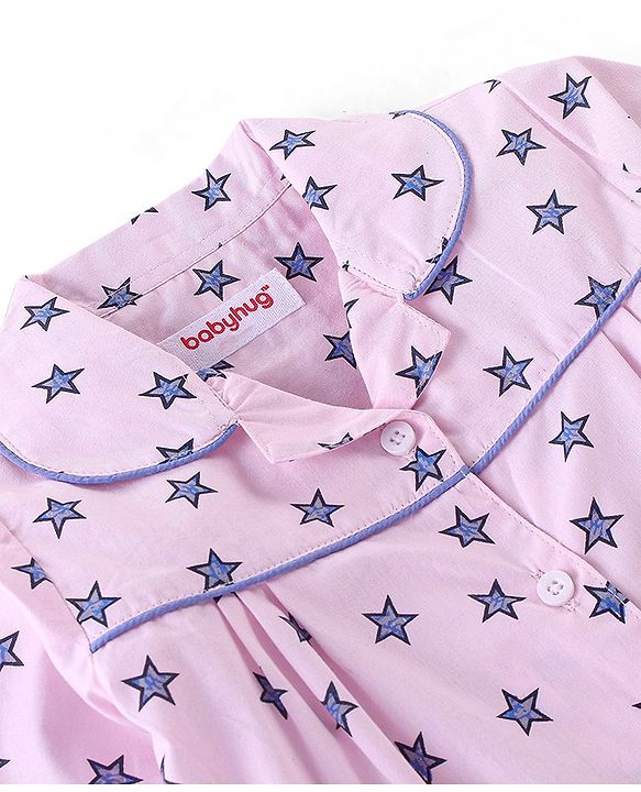 Babyhug Cotton Woven Full Sleeves Star Printed Night Suit - Pink