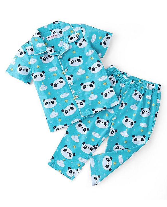 Babyhug Cotton Knit Half Sleeves Night Suit With Panda Print - Blue