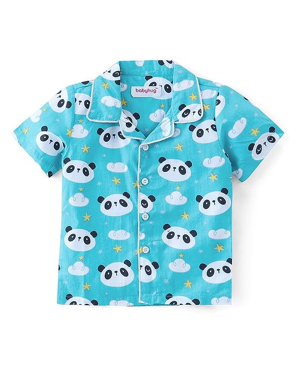 Babyhug Cotton Knit Half Sleeves Night Suit With Panda Print - Blue