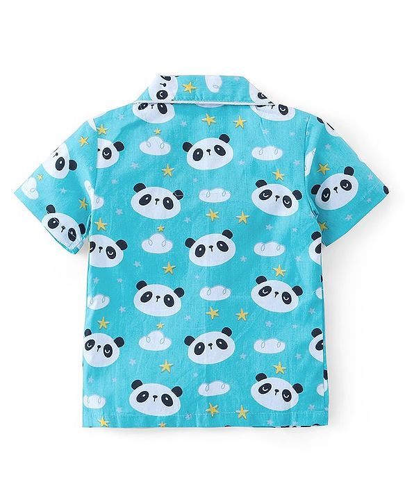 Babyhug Cotton Knit Half Sleeves Night Suit With Panda Print - Blue