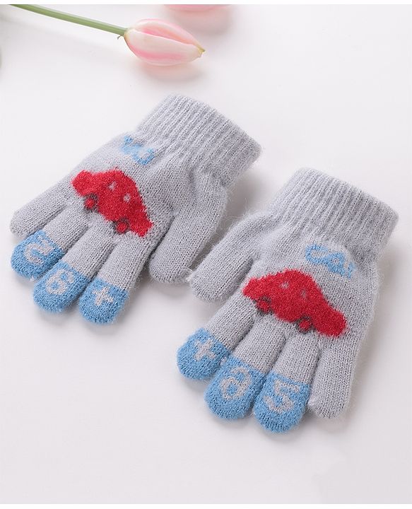 Babyhug Woolen Gloves Pair Car Design - Grey