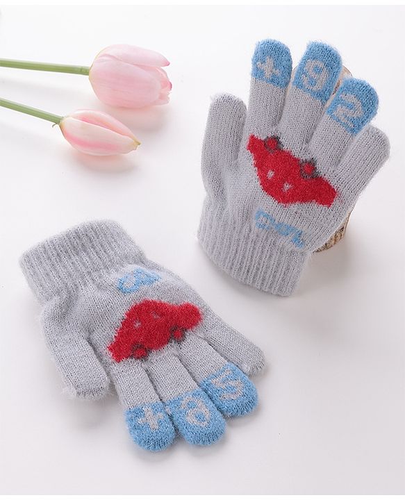 Babyhug Woolen Gloves Pair Car Design - Grey