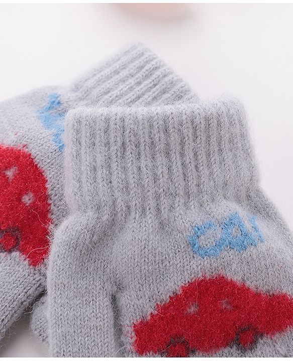 Babyhug Woolen Gloves Pair Car Design - Grey