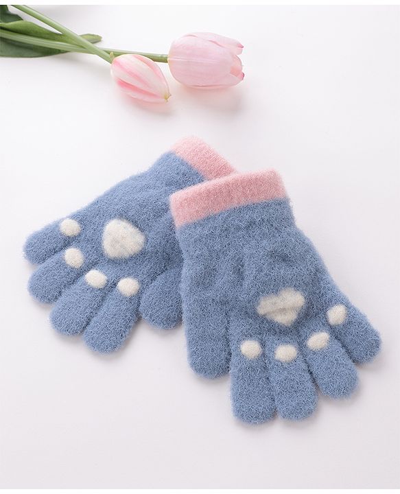 Babyhug Woolen Gloves Pair Paw Design - Sky Blue