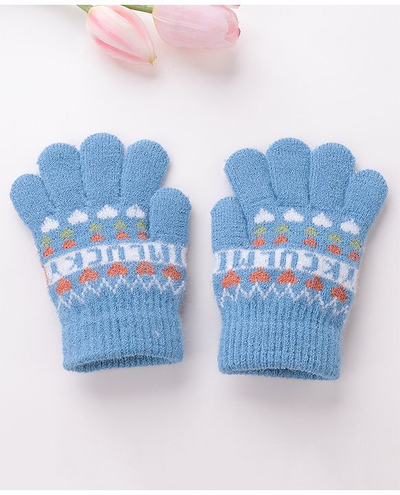 Babyhug Woolen Gloves Pair Text Design - Sky Blue