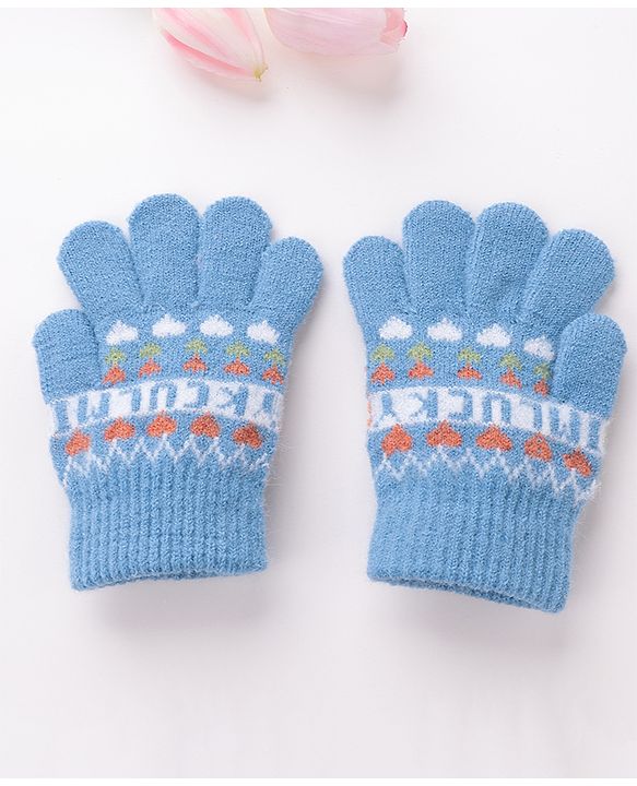 Babyhug Woolen Gloves Pair Text Design - Sky Blue