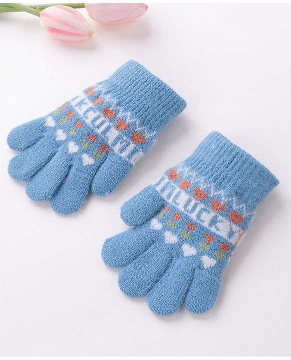 Babyhug Woolen Gloves Pair Text Design - Sky Blue