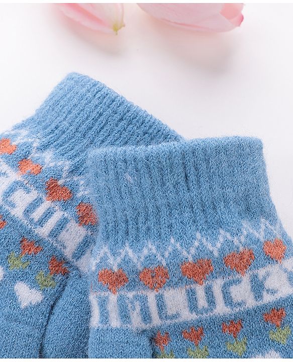 Babyhug Woolen Gloves Pair Text Design - Sky Blue