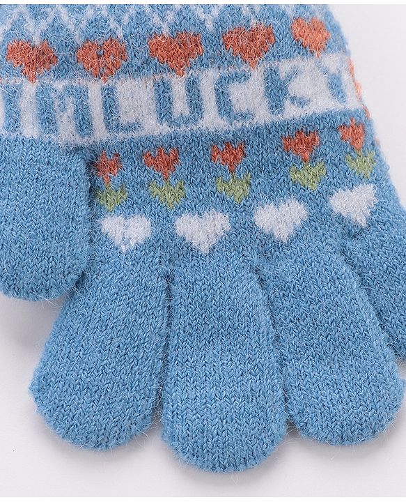 Babyhug Woolen Gloves Pair Text Design - Sky Blue