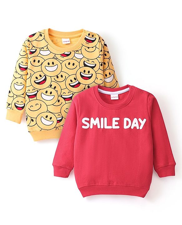 Babyhug Cotton Knit Full Sleeves Sweatshirt With Emoji & Text Graphics Pack Of 2 - Yellow & Red