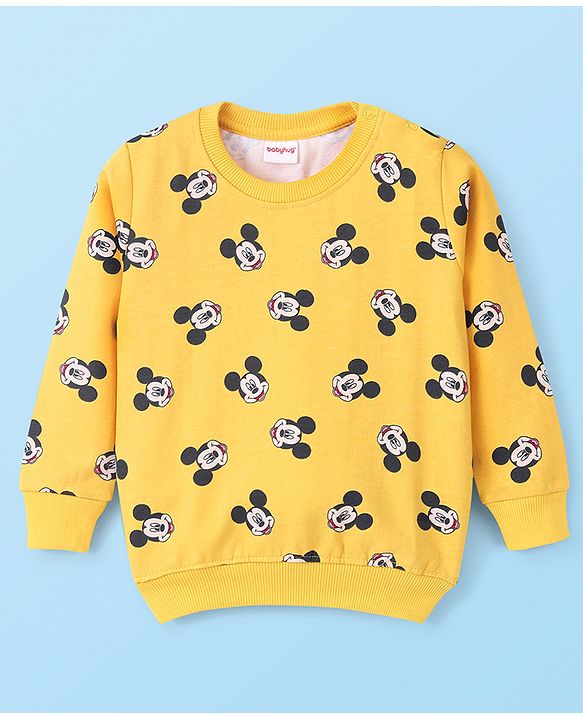 Babyhug Cotton Knit Full Sleeves Sweatshirt With Mickey Mouse Graphics - Yellow & Blue