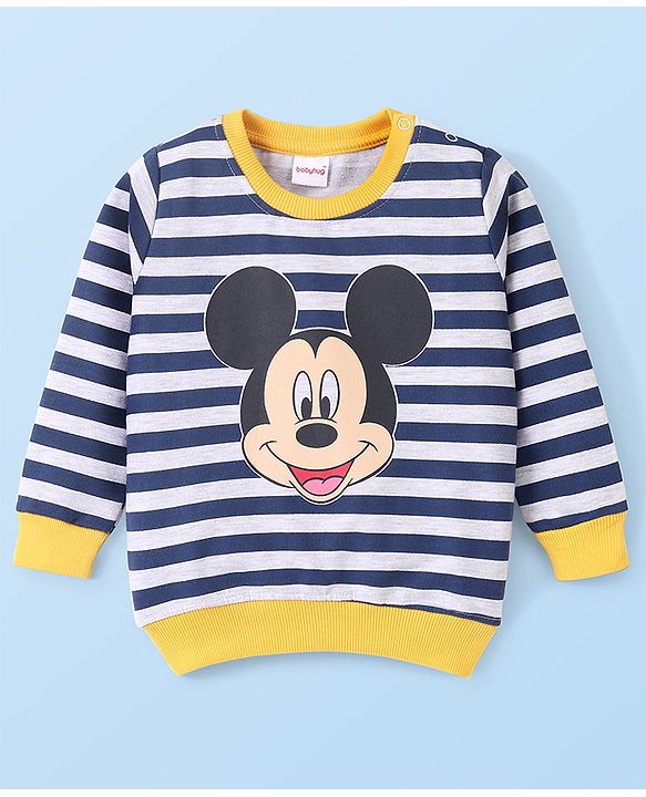 Babyhug Cotton Knit Full Sleeves Sweatshirt With Mickey Mouse Graphics - Yellow & Blue