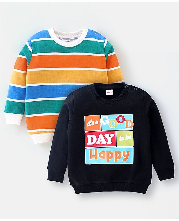 Babyhug Cotton Full Sleeves Sweatshirt With Text & Stripes Graphics Pack Of 2 - Multicolour