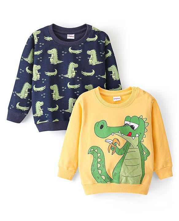 Babyhug Cotton Knit Full Sleeves Sweatshirt Dino Print Pack of 2 - Blue & Yellow