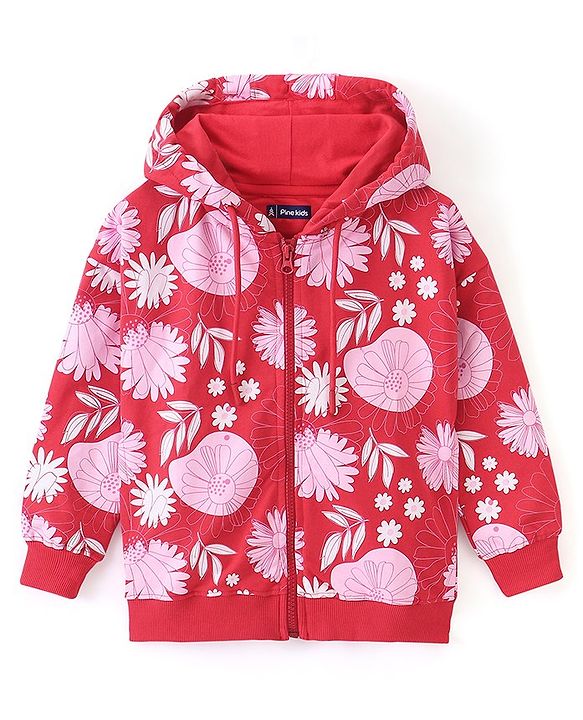 Pine Kids Full Sleeves Hooded Front Open Biowashed Sweatjacket Floral Print - Red