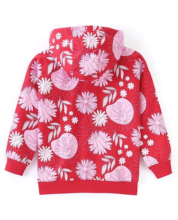 Pine Kids Full Sleeves Hooded Front Open Biowashed Sweatjacket Floral Print - Red