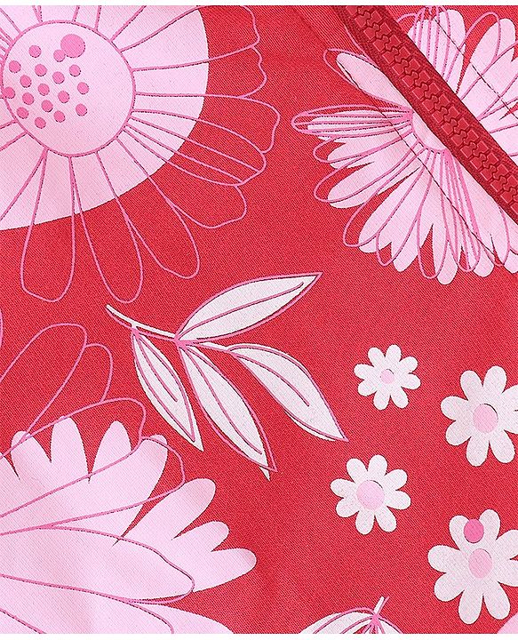 Pine Kids Full Sleeves Hooded Front Open Biowashed Sweatjacket Floral Print - Red