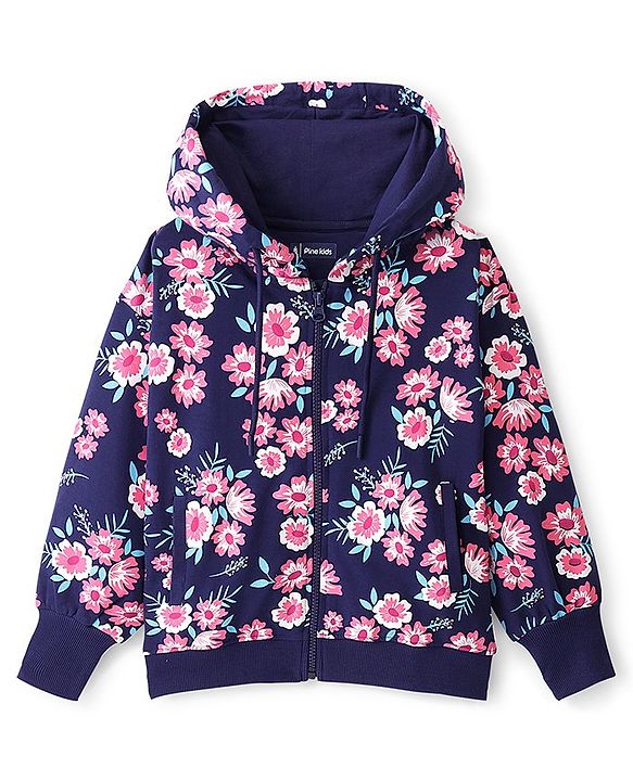 Pine Kids Full Sleeves Hooded Front Open Biowashed Sweatjacket Floral Print - Navy