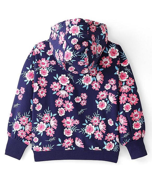 Pine Kids Full Sleeves Hooded Front Open Biowashed Sweatjacket Floral Print - Navy