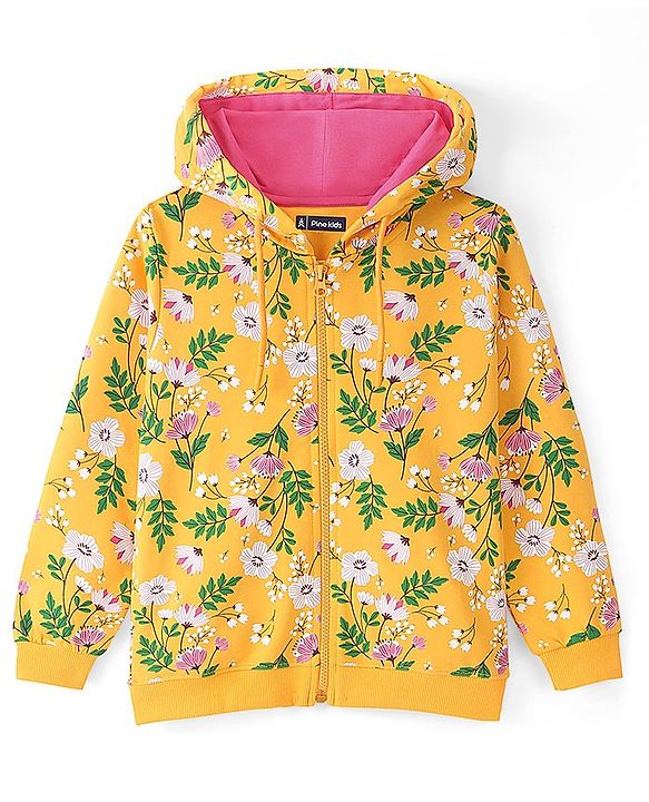 Pine Kids 100% Cotton Knit Full Sleeves Front Open Hooded Biowashed Sweatshirt Floral Print - Yellow