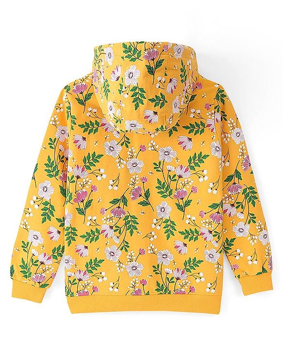 Pine Kids 100% Cotton Knit Full Sleeves Front Open Hooded Biowashed Sweatshirt Floral Print - Yellow