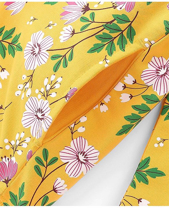 Pine Kids 100% Cotton Knit Full Sleeves Front Open Hooded Biowashed Sweatshirt Floral Print - Yellow